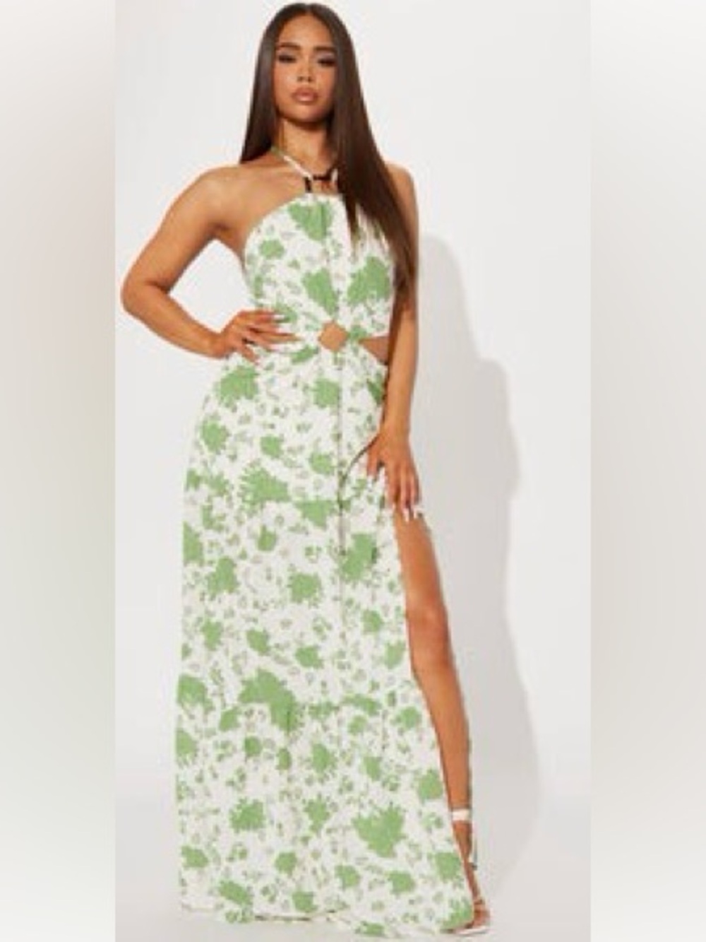 Fashion Nova White and Green Floral Halter Maxi Dress with Cutout